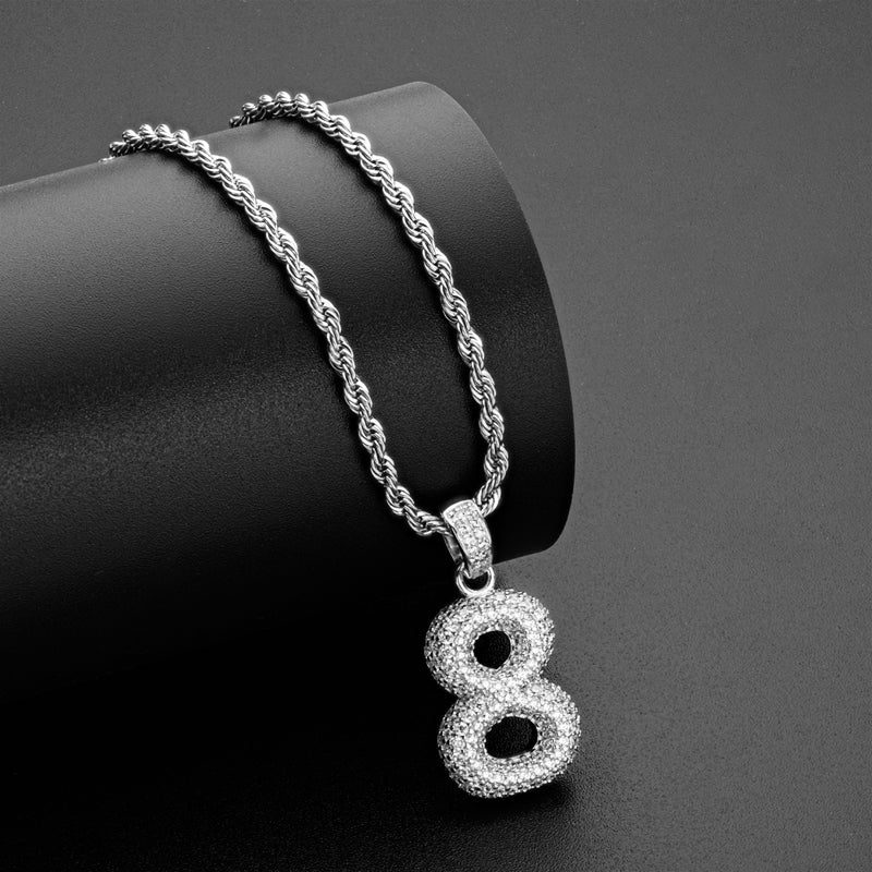 925 Sterling Silver Number 8 Created CZ Hip Hop Rope Chain Pendant Necklace 7