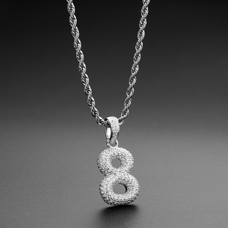 925 Sterling Silver Number 8 Created CZ Hip Hop Rope Chain Pendant Necklace 5