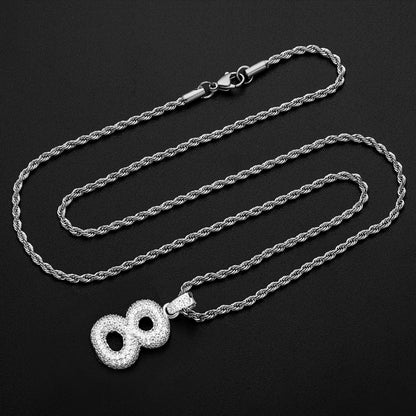 925 Sterling Silver Number 8 Created CZ Hip Hop Rope Chain Pendant Necklace 9