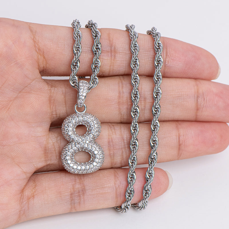 925 Sterling Silver Number 8 Created CZ Hip Hop Rope Chain Pendant Necklace 21