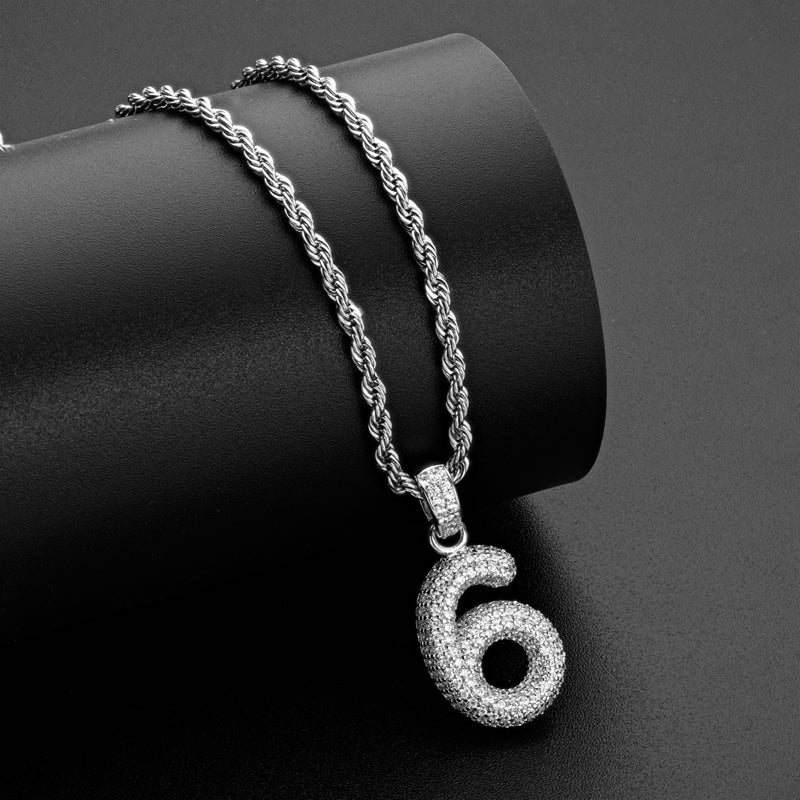 925 Sterling Silver Number 6 Created CZ Hip Hop Rope Chain Pendant Necklace 7