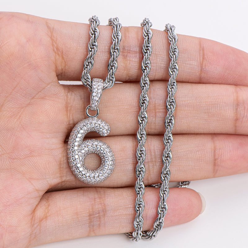 925 Sterling Silver Number 6 Created CZ Hip Hop Rope Chain Pendant Necklace 21