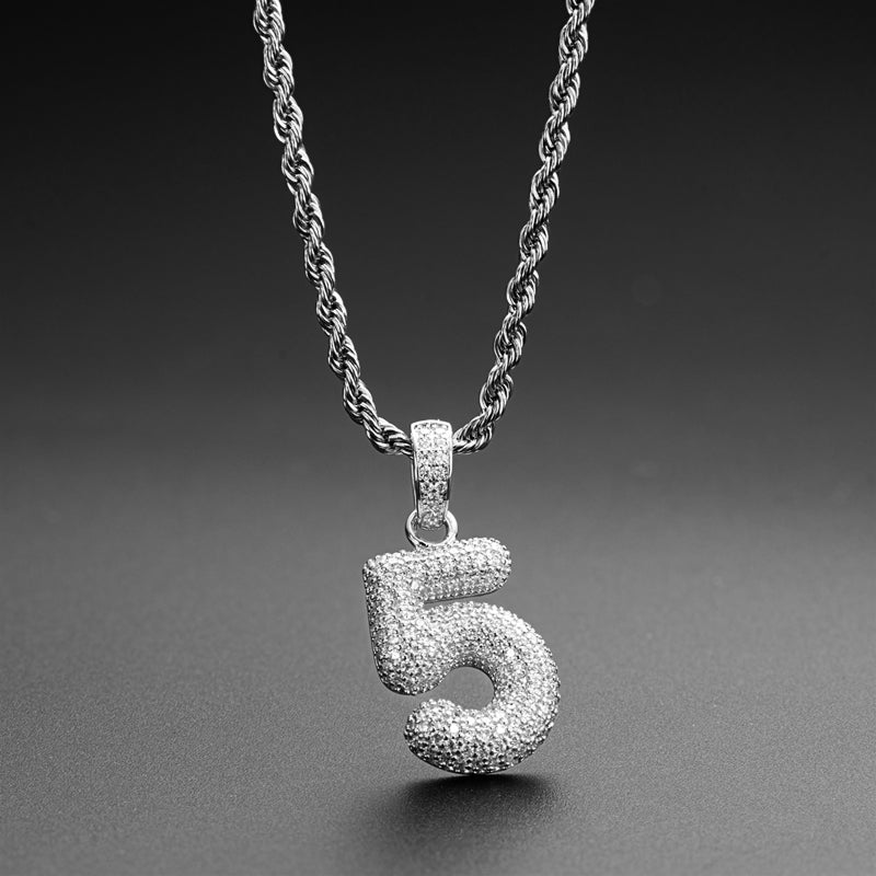 925 Sterling Silver Number 5 Created CZ Hip Hop Rope Chain Pendant Necklace 5