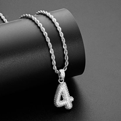 925 Sterling Silver Number 4 Created Diamond Hip Hop Rope Chain Pendant Necklace 7