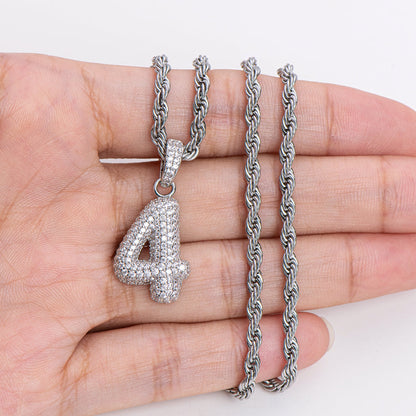 925 Sterling Silver Number 4 Created Diamond Hip Hop Rope Chain Pendant Necklace 20