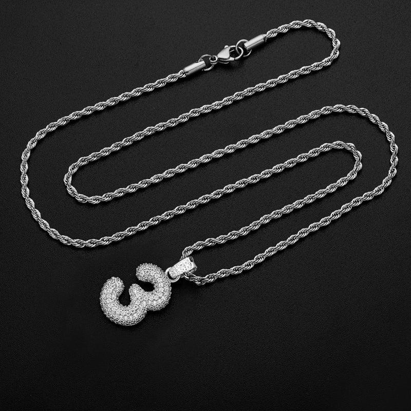 925 Sterling Silver Number 3 Created Diamond Hip Hop Rope Chain Pendant Necklace 9