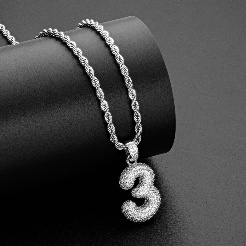 925 Sterling Silver Number 3 Created Diamond Hip Hop Rope Chain Pendant Necklace 8