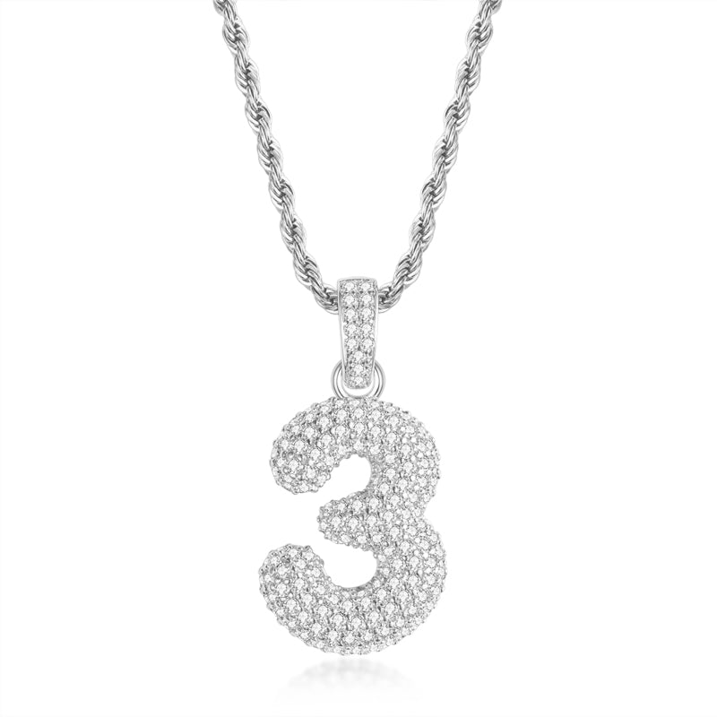 925 Sterling Silver Number 3 Created Diamond Hip Hop Rope Chain Pendant Necklace 1