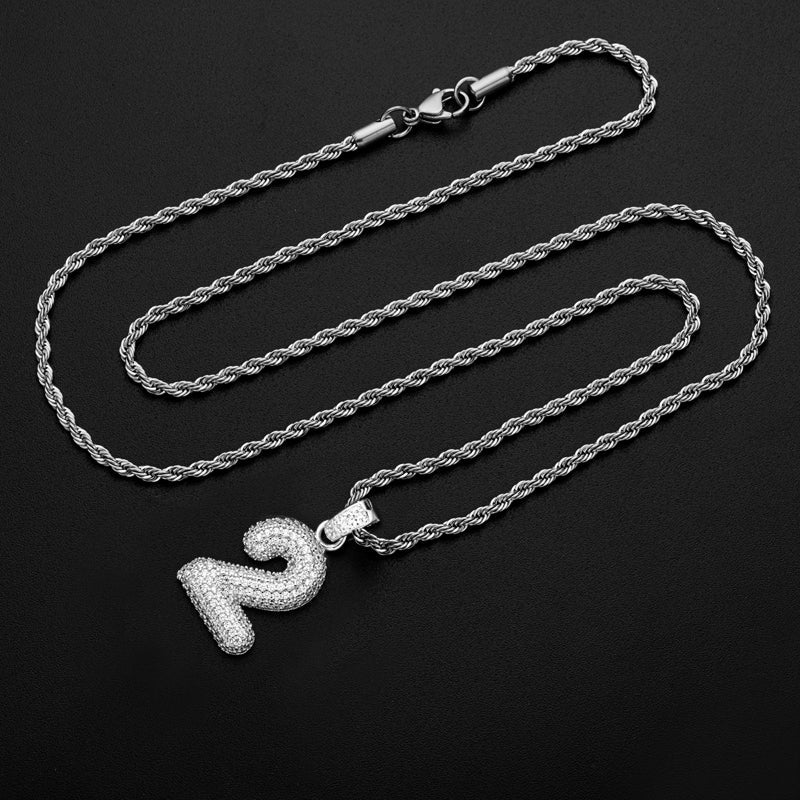 925 Sterling Silver Number 2 Created Diamond Hip Hop Rope Chain Pendant Necklace 9