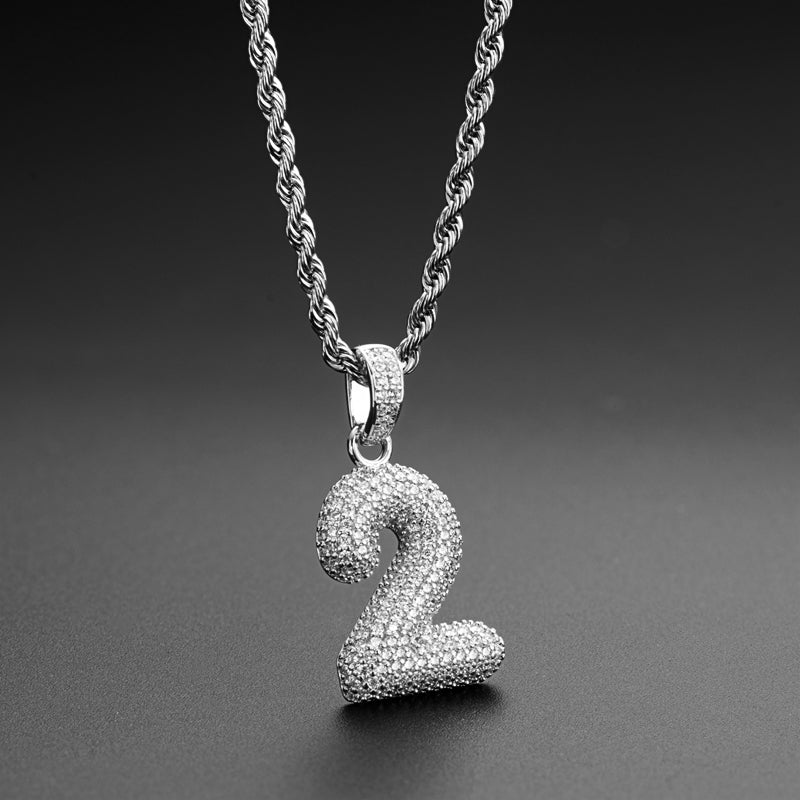 925 Sterling Silver Number 2 Created Diamond Hip Hop Rope Chain Pendant Necklace 8