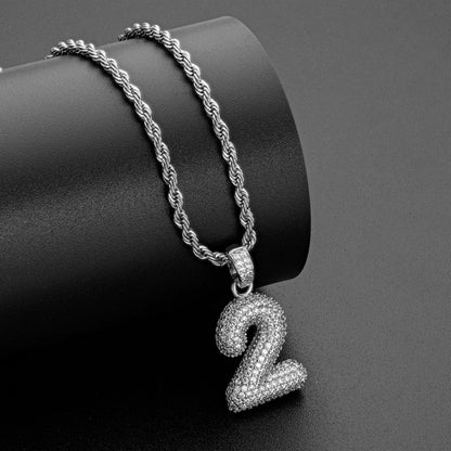 925 Sterling Silver Number 2 Created Diamond Hip Hop Rope Chain Pendant Necklace 5