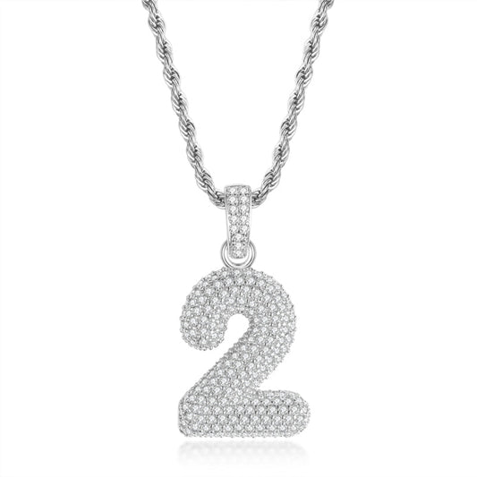 925 Sterling Silver Number 2 Created Diamond Hip Hop Rope Chain Pendant Necklace 1