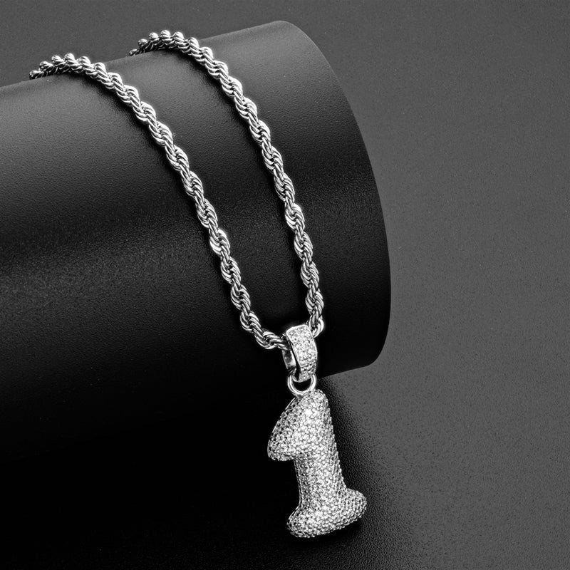 925 Sterling Silver Number 1 Created Diamond Hip Hop Rope Chain Pendant Necklace 8