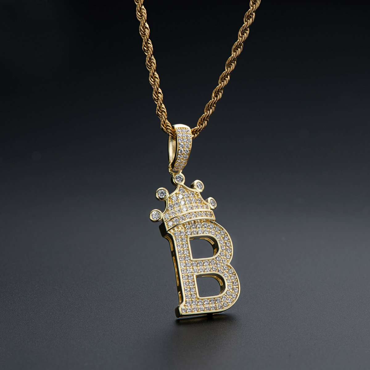 925 Sterling Silver White/Yellow Gold Created CZ Crown Letter B Initial Pendant Necklace 7