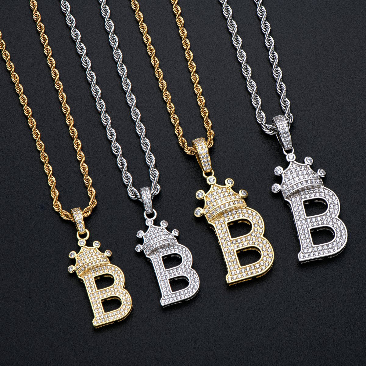 925 Sterling Silver White/Yellow Gold Created CZ Crown Letter B Initial Pendant Necklace 13