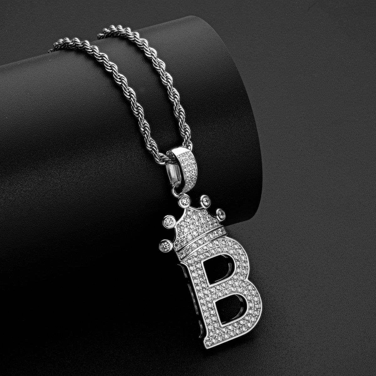 925 Sterling Silver White/Yellow Gold Created CZ Crown Letter B Initial Pendant Necklace 10