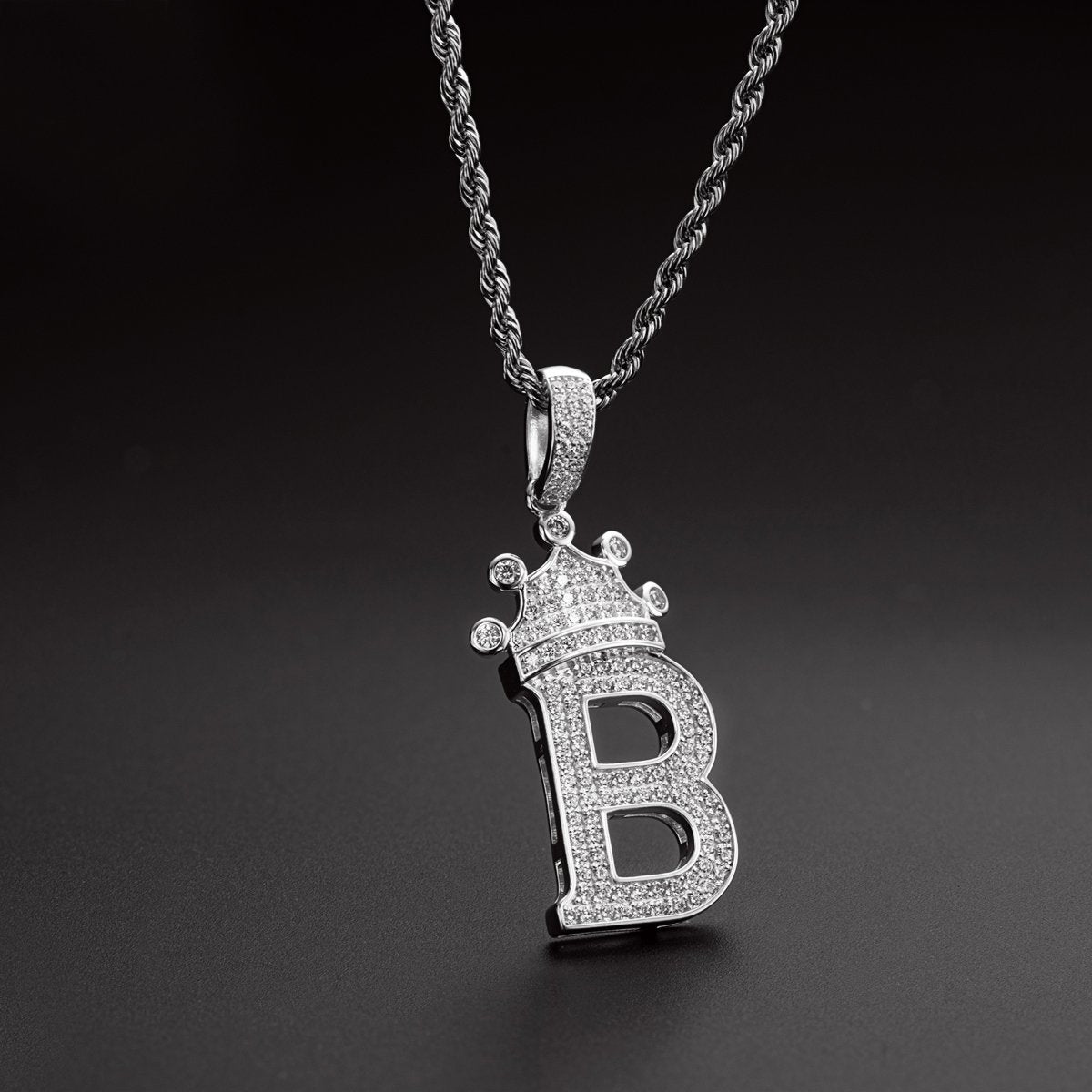 925 Sterling Silver White/Yellow Gold Created CZ Crown Letter B Initial Pendant Necklace 8