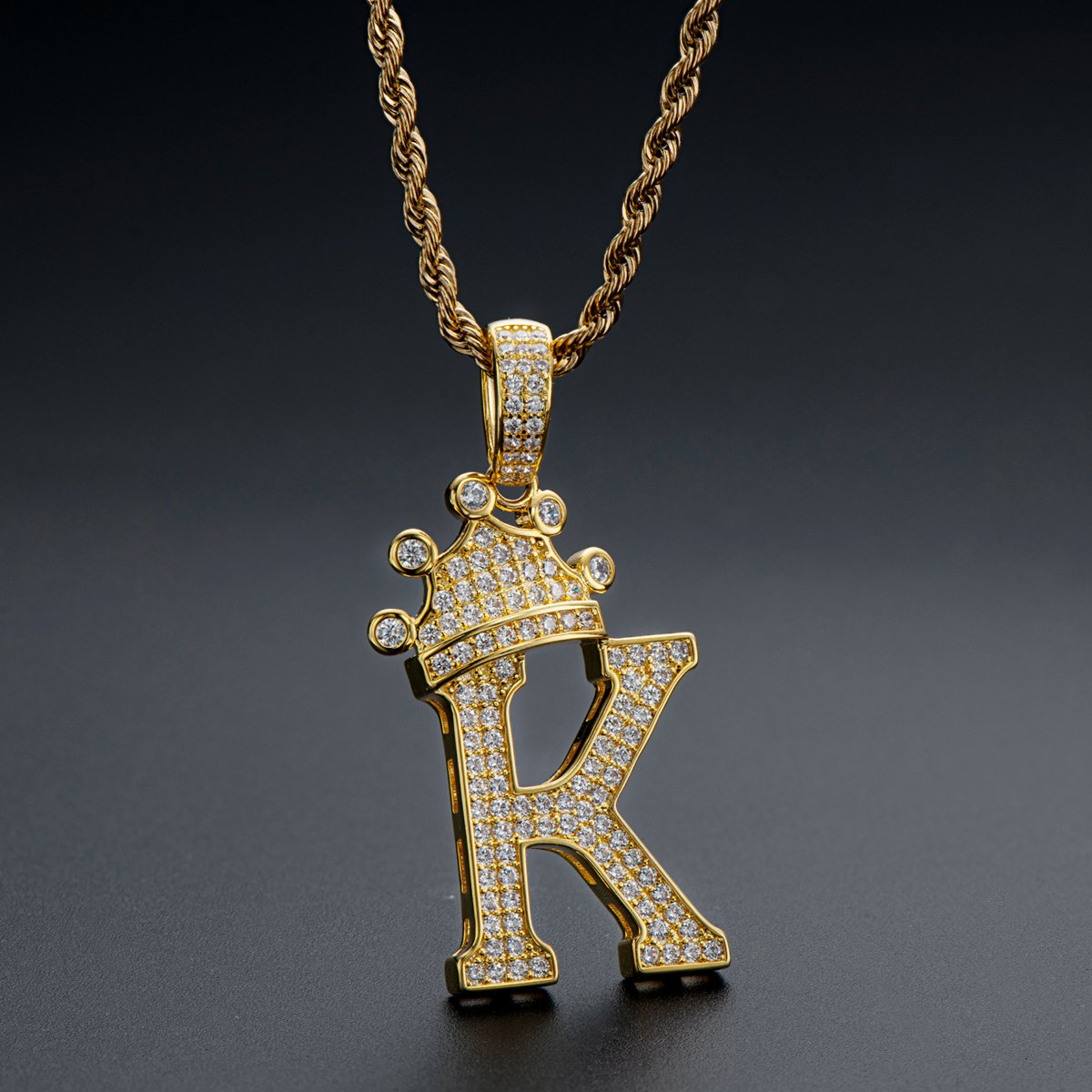 925 Sterling Silver Iced Out Letter K Initial Pendant Rope Chain Necklace 7