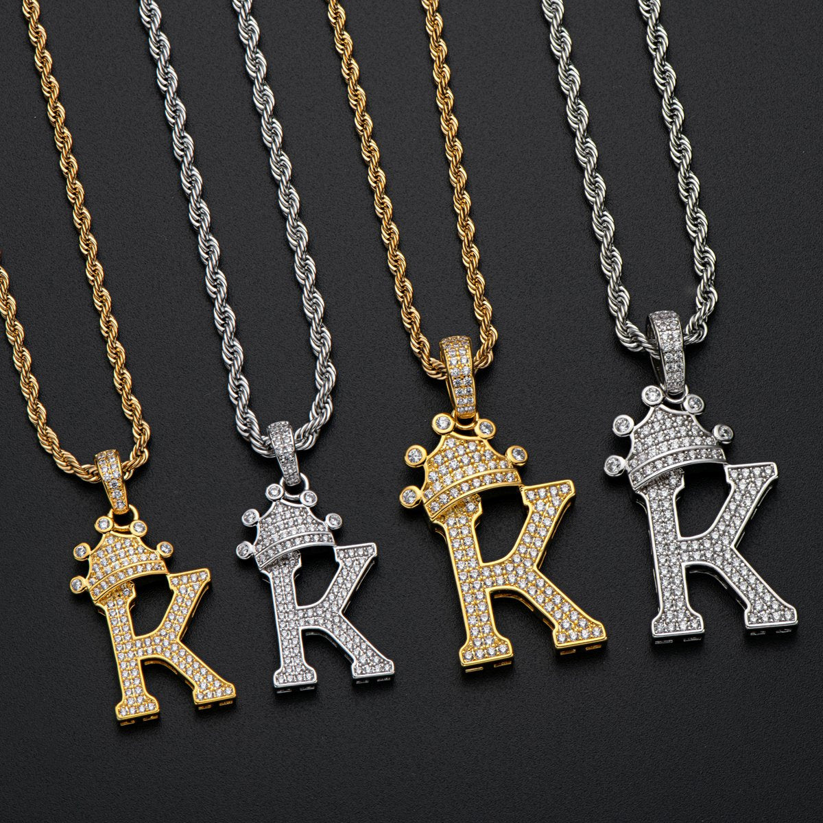 925 Sterling Silver Iced Out Letter K Initial Pendant Rope Chain Necklace 13