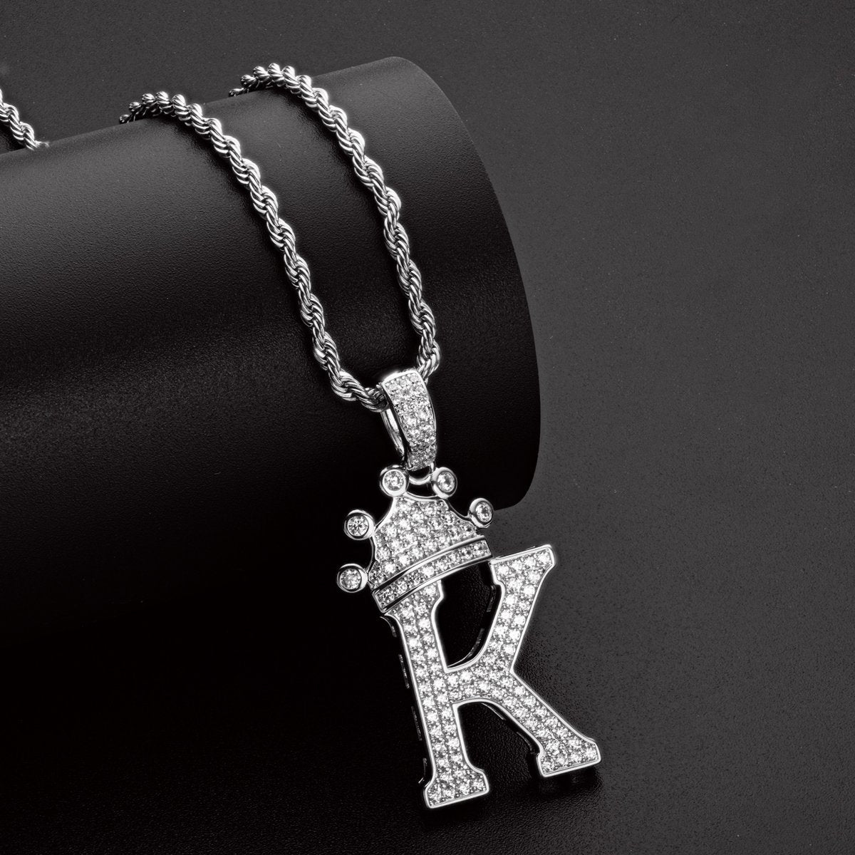 925 Sterling Silver Iced Out Letter K Initial Pendant Rope Chain Necklace 8