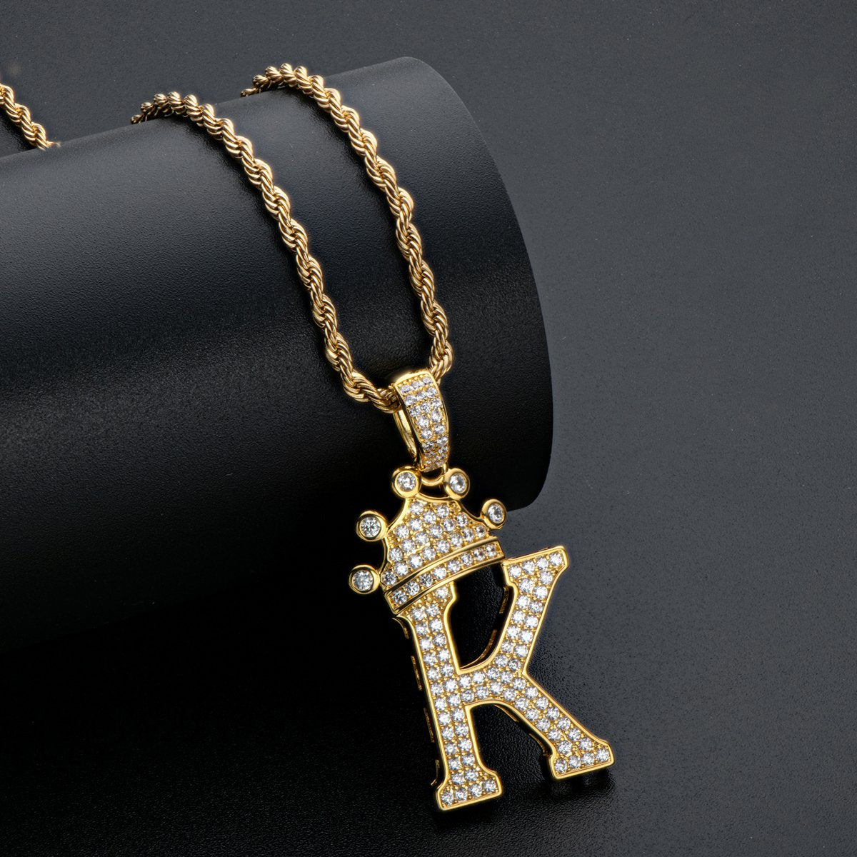 925 Sterling Silver Iced Out Letter K Initial Pendant Rope Chain Necklace 9