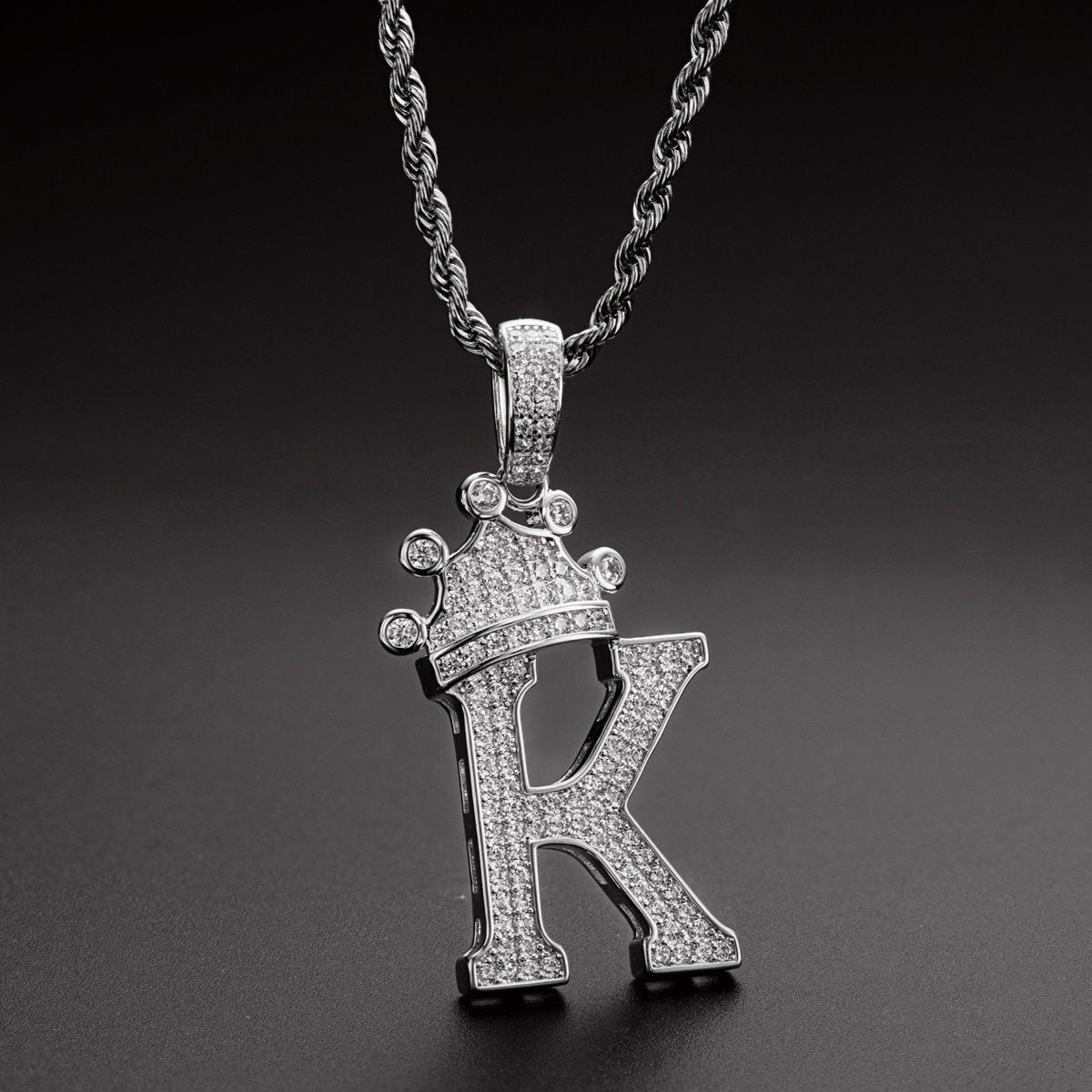 925 Sterling Silver Iced Out Letter K Initial Pendant Rope Chain Necklace 10