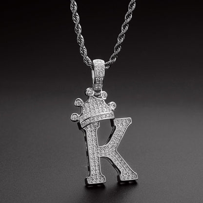 925 Sterling Silver Iced Out Letter K Initial Pendant Rope Chain Necklace 10