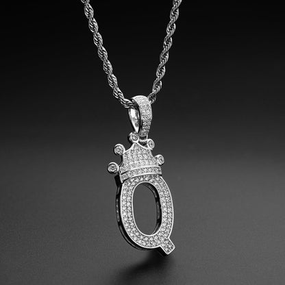 925 Sterling Silver Round Cut Created CZ Hip Hop Micro Pave The Letter Q Pendant Necklace 8