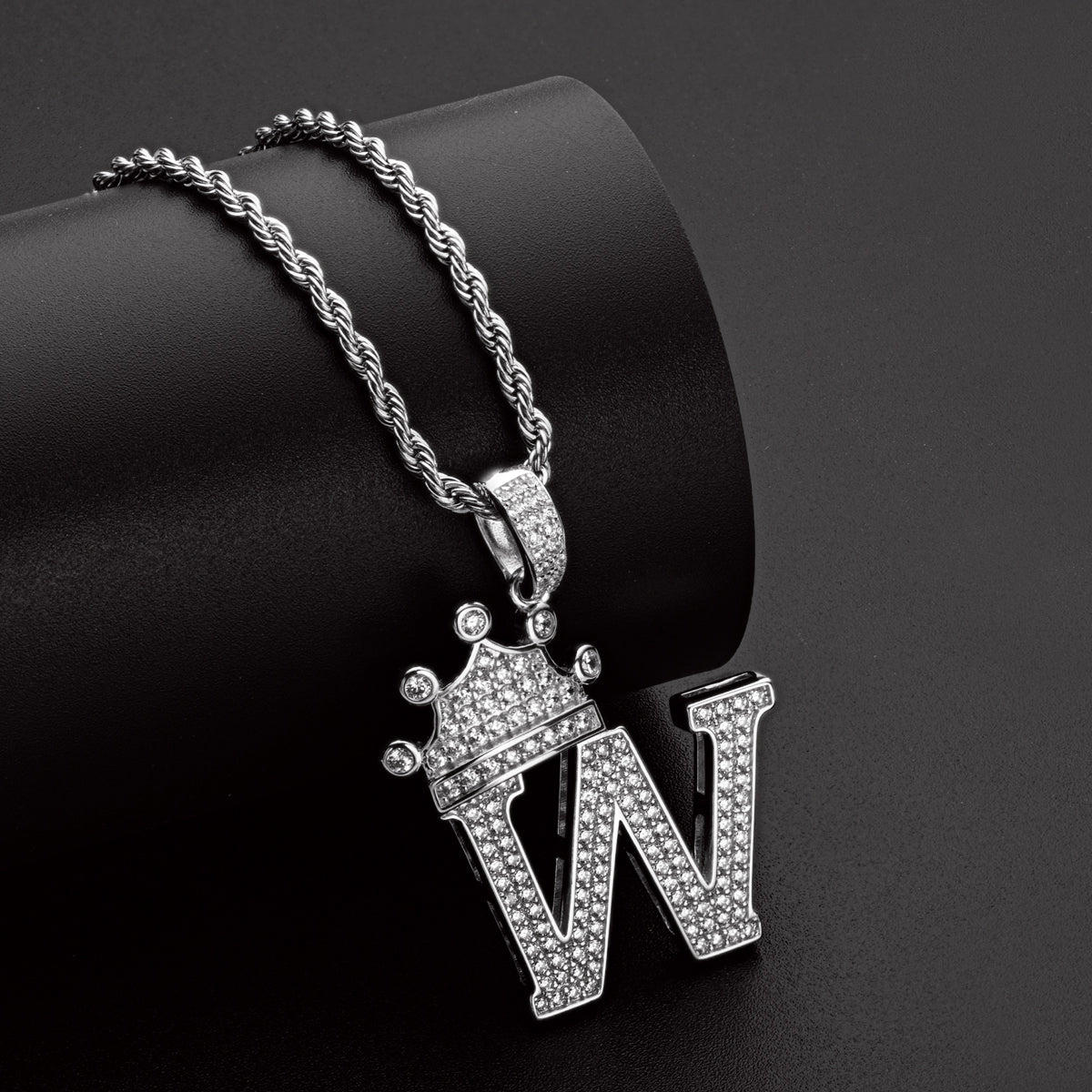 925 Sterling Silver Created Diamond Hip Hop Micro Pave The Letter W Pendant Necklace 9