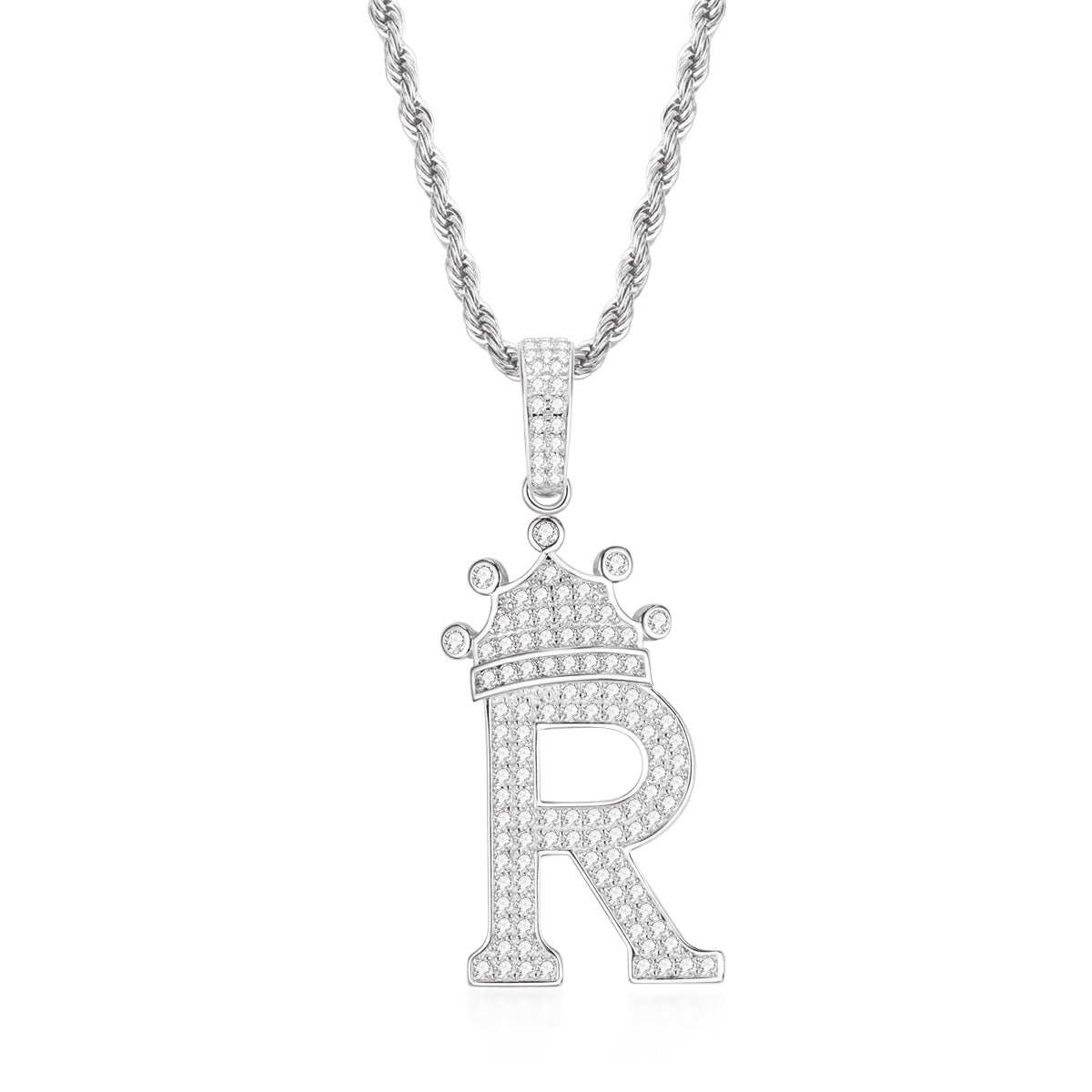 925 Sterling Silver The Letter R Created CZ Crown Hip Hop Rope Chain Pendant Necklace 1