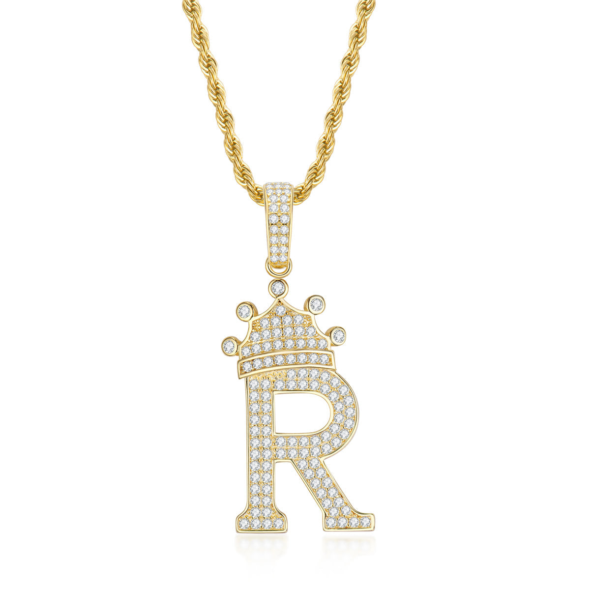 925 Sterling Silver The Letter R Created CZ Crown Hip Hop Rope Chain Pendant Necklace 24