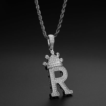 925 Sterling Silver The Letter R Created CZ Crown Hip Hop Rope Chain Pendant Necklace 6