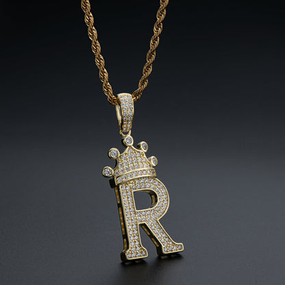 925 Sterling Silver The Letter R Created CZ Crown Hip Hop Rope Chain Pendant Necklace 8