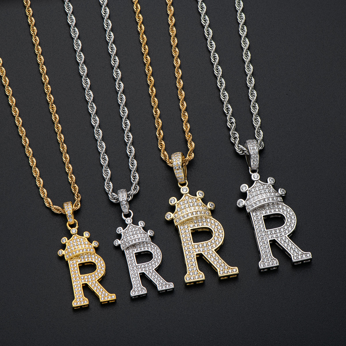 925 Sterling Silver The Letter R Created CZ Crown Hip Hop Rope Chain Pendant Necklace 10