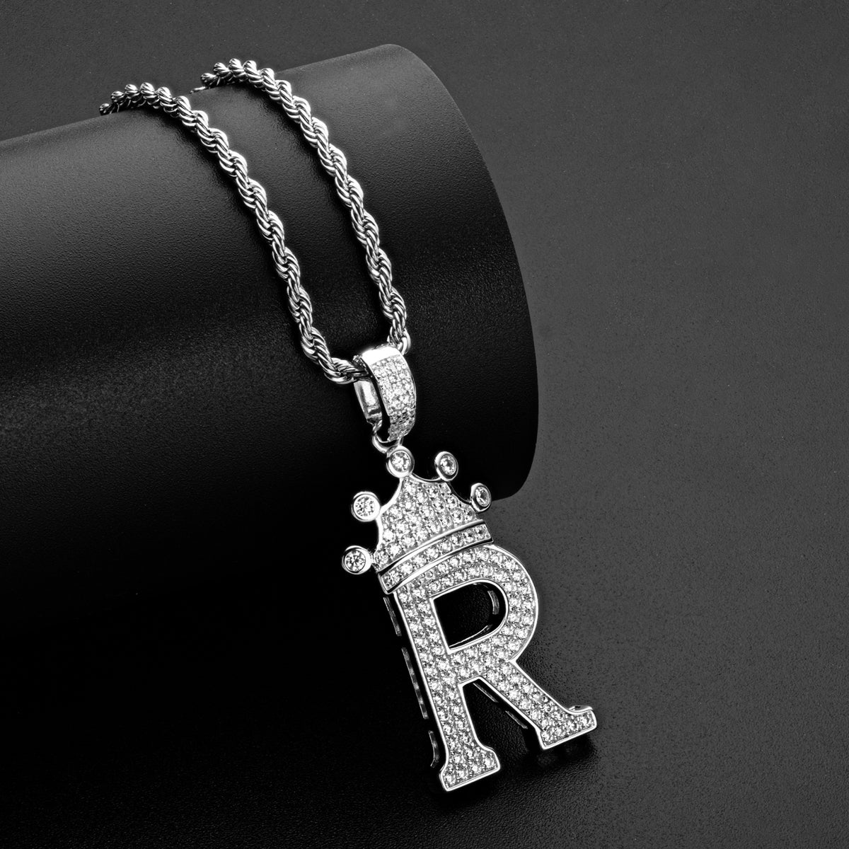 925 Sterling Silver The Letter R Created CZ Crown Hip Hop Rope Chain Pendant Necklace 9