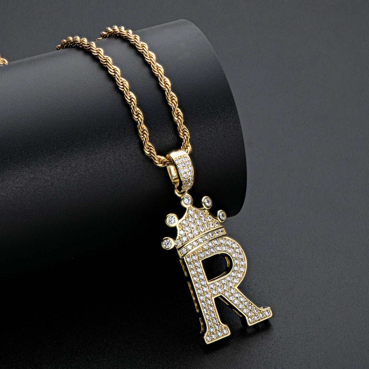 925 Sterling Silver The Letter R Created CZ Crown Hip Hop Rope Chain Pendant Necklace 11