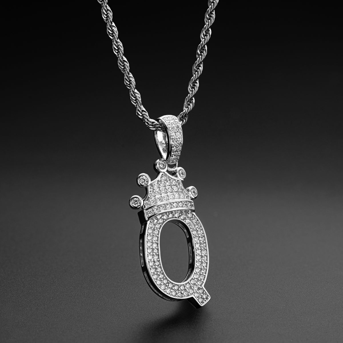 925 Sterling Silver The Letter Q Created CZ Crown Hip Hop Rope Chain Pendant Necklace 9