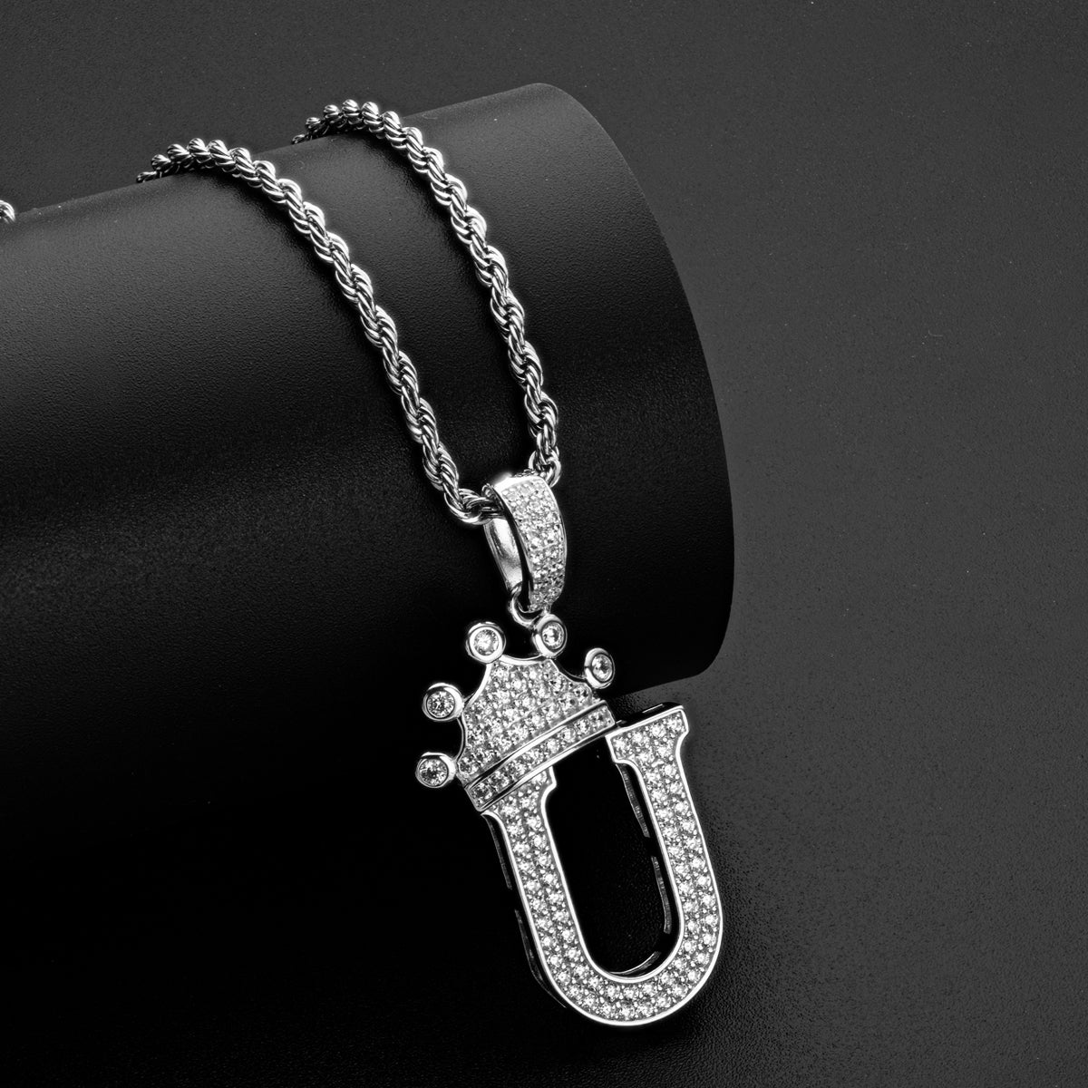 925 Sterling Silver The Letter U Created CZ Crown Hip Hop Rope Chain Pendant Necklace 6