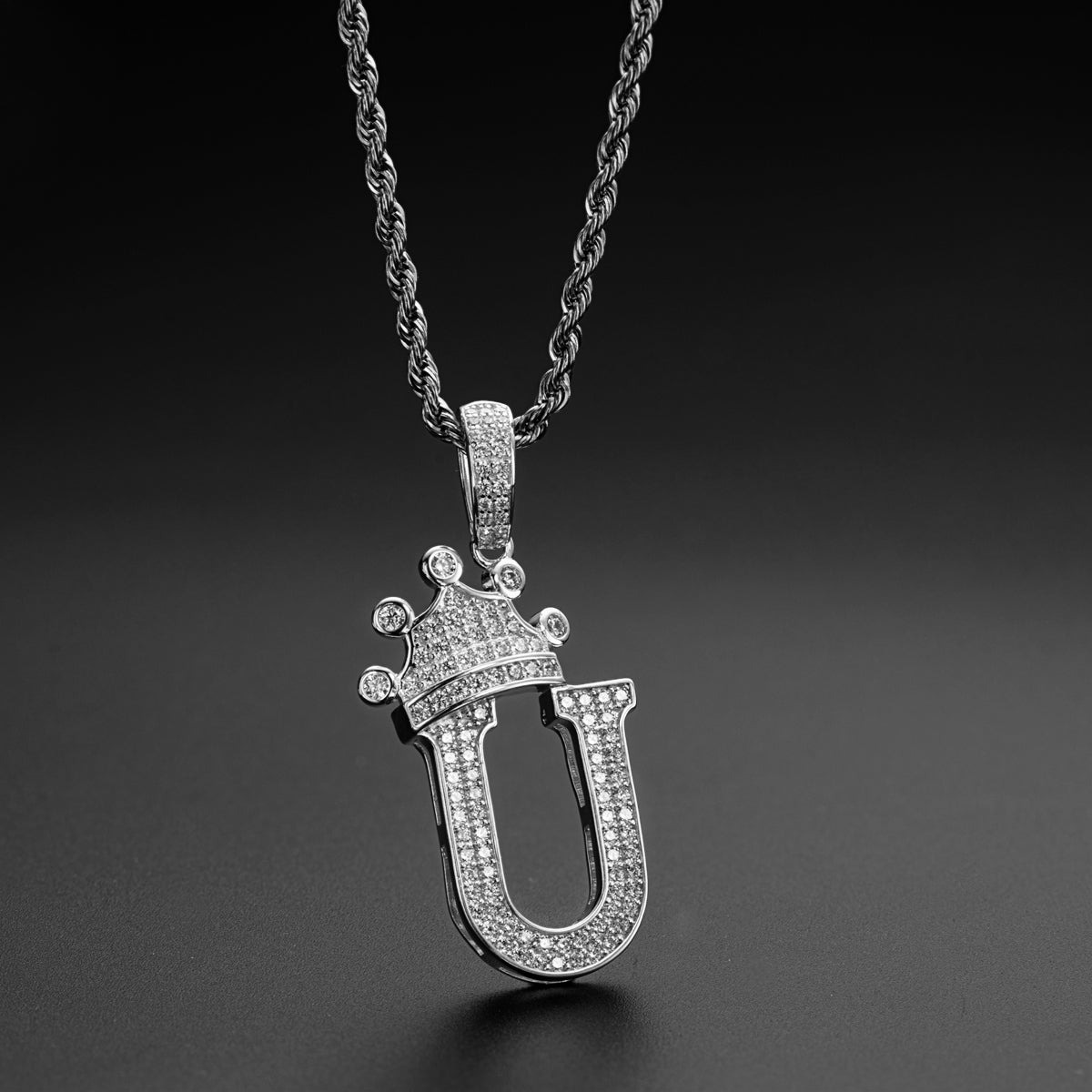 925 Sterling Silver The Letter U Created CZ Crown Hip Hop Rope Chain Pendant Necklace 10