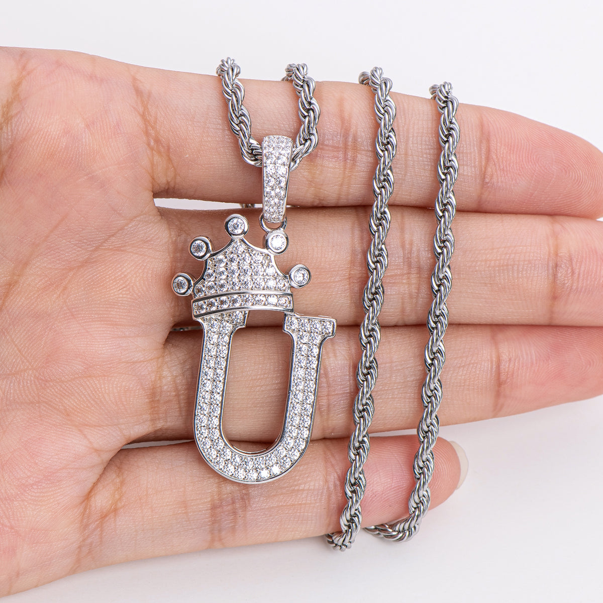 925 Sterling Silver The Letter U Created CZ Crown Hip Hop Rope Chain Pendant Necklace 19