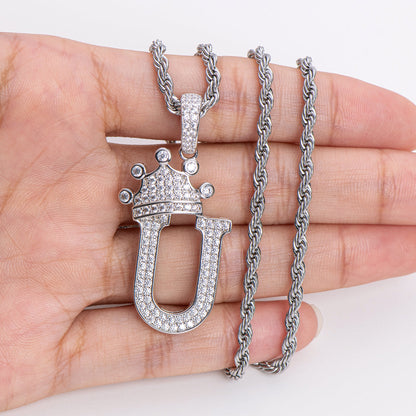 925 Sterling Silver The Letter U Created CZ Crown Hip Hop Rope Chain Pendant Necklace 19