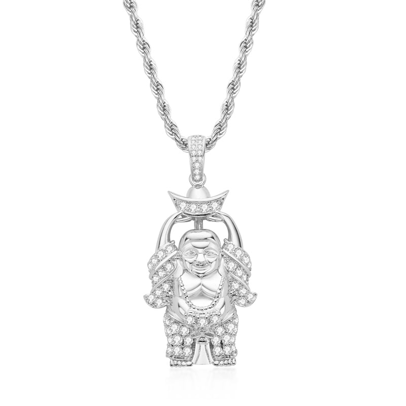 925 Sterling Silver Created Diamond Religion Buddha Statue Rope Chain Pendant Necklace 1