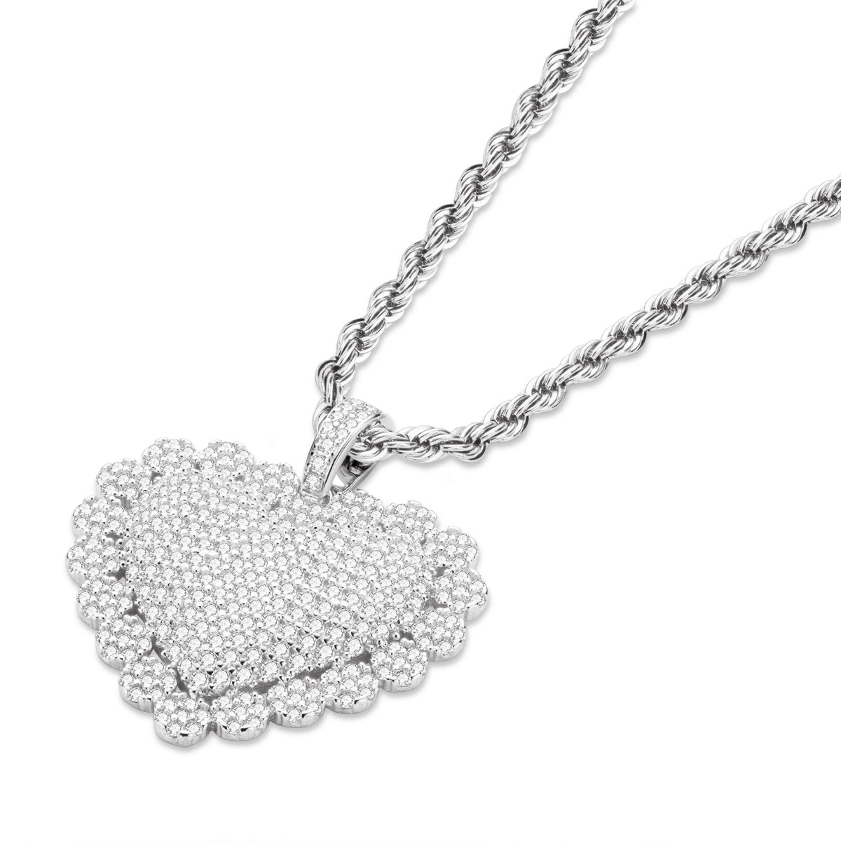 925 Sterling Silver Heart Shaped Hip Hop Created Diamond Rope Chain Pendant Necklace 3