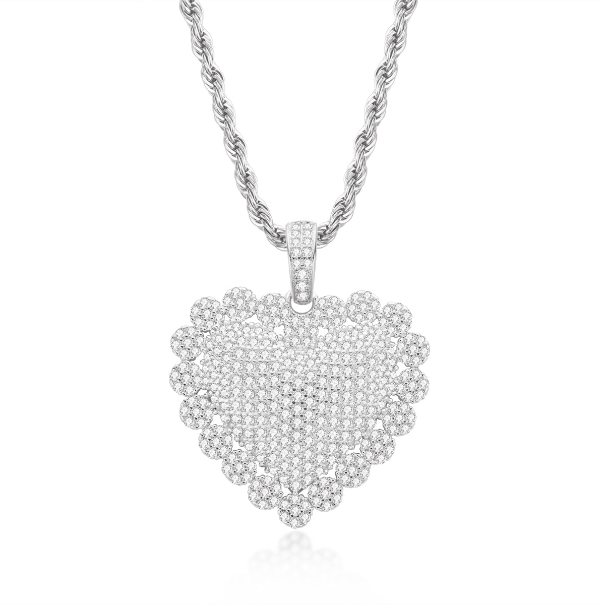 925 Sterling Silver Heart Shaped Hip Hop Created Diamond Rope Chain Pendant Necklace 24