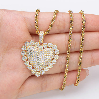 925 Sterling Silver Heart Shaped Hip Hop Created Diamond Rope Chain Pendant Necklace 21