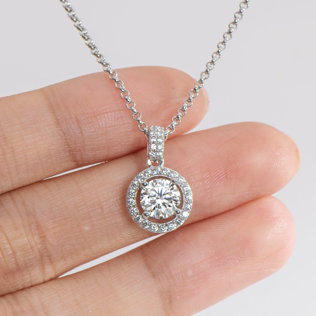 925 Sterling Silver Halo Round Cut Created Diamond Pendant Necklace 4