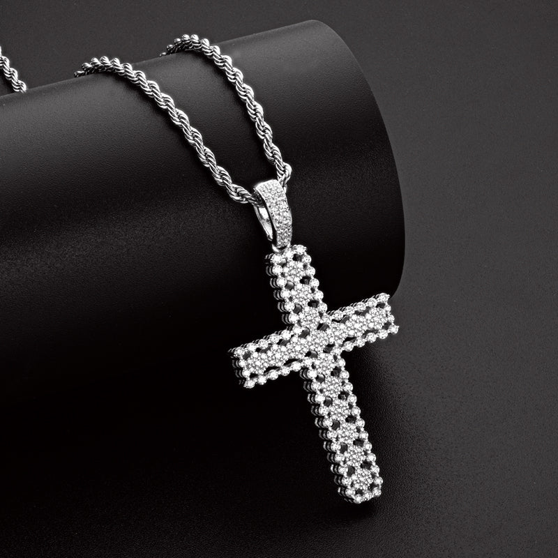 925 Sterling Silver Round Cut Created Diamond Personalized Cross Hip Hop Pendant Necklace 23.62'' 7