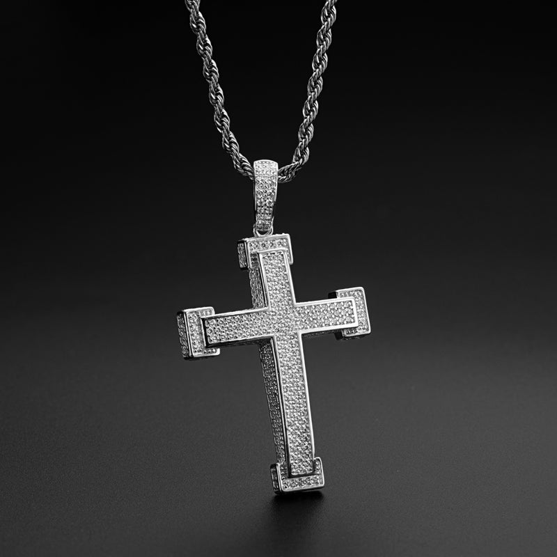 925 Sterling Silver Three Rows Round Cut Created CZ Cross Pendant Necklace 7