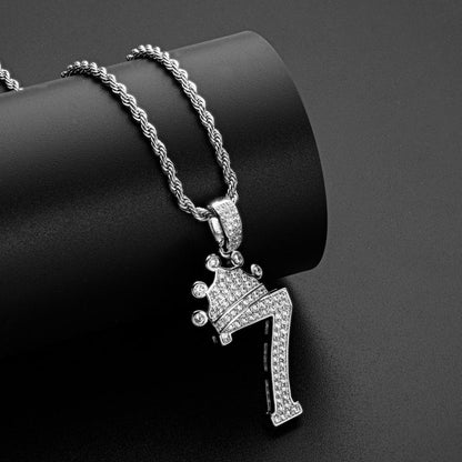 925 Sterling Silver Number 7 Created Diamond Hip Hop Long Chain Pendant Necklace 7