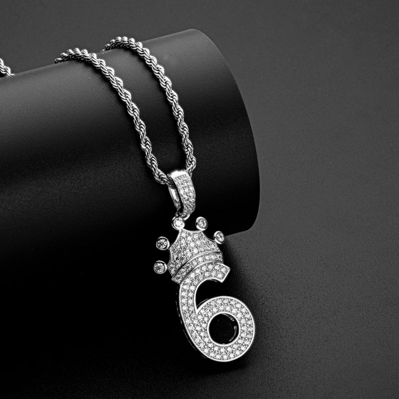 925 Sterling Silver Number 6 Created CZ Hip Hop Long Chain Pendant Necklace 7